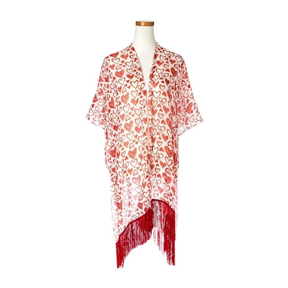 Valentine Day Women's Red Hearts Shawl with Sleeves and Fringe One Size